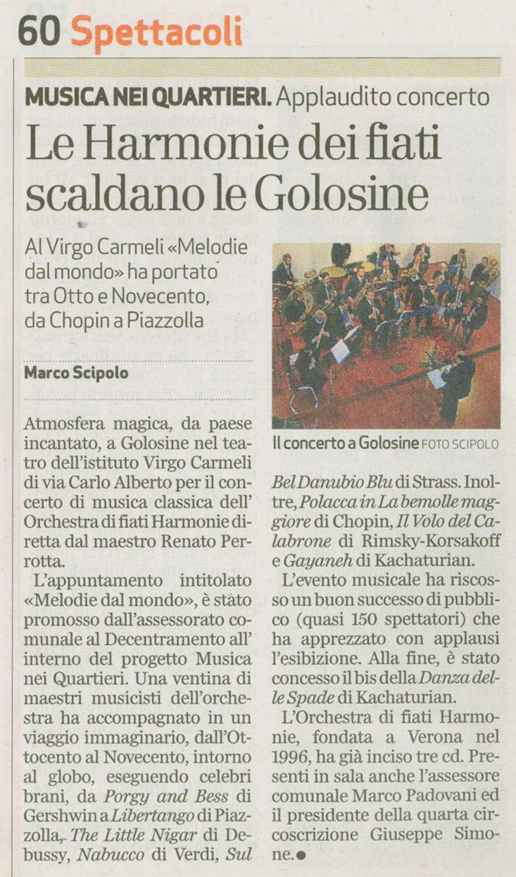 Rassegna stampa: le Harmonie dei Fiati scaldano le Golosine