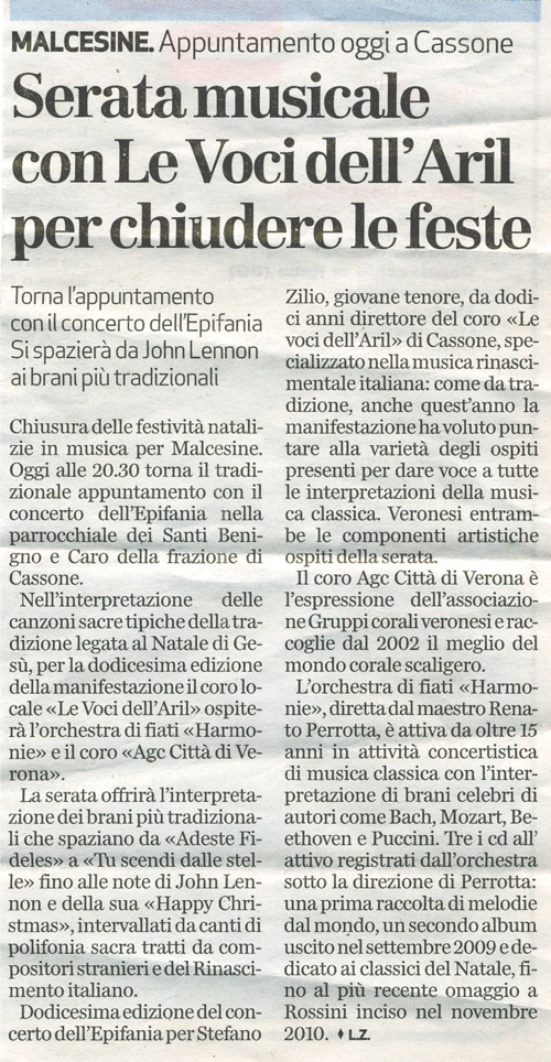 Rassegna stampa: Serata musicale con Le Voci dell'Aril